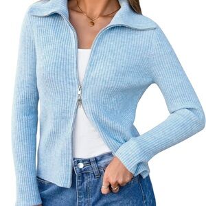 Light Blue Women's Ribbed Zip-Up Sweater